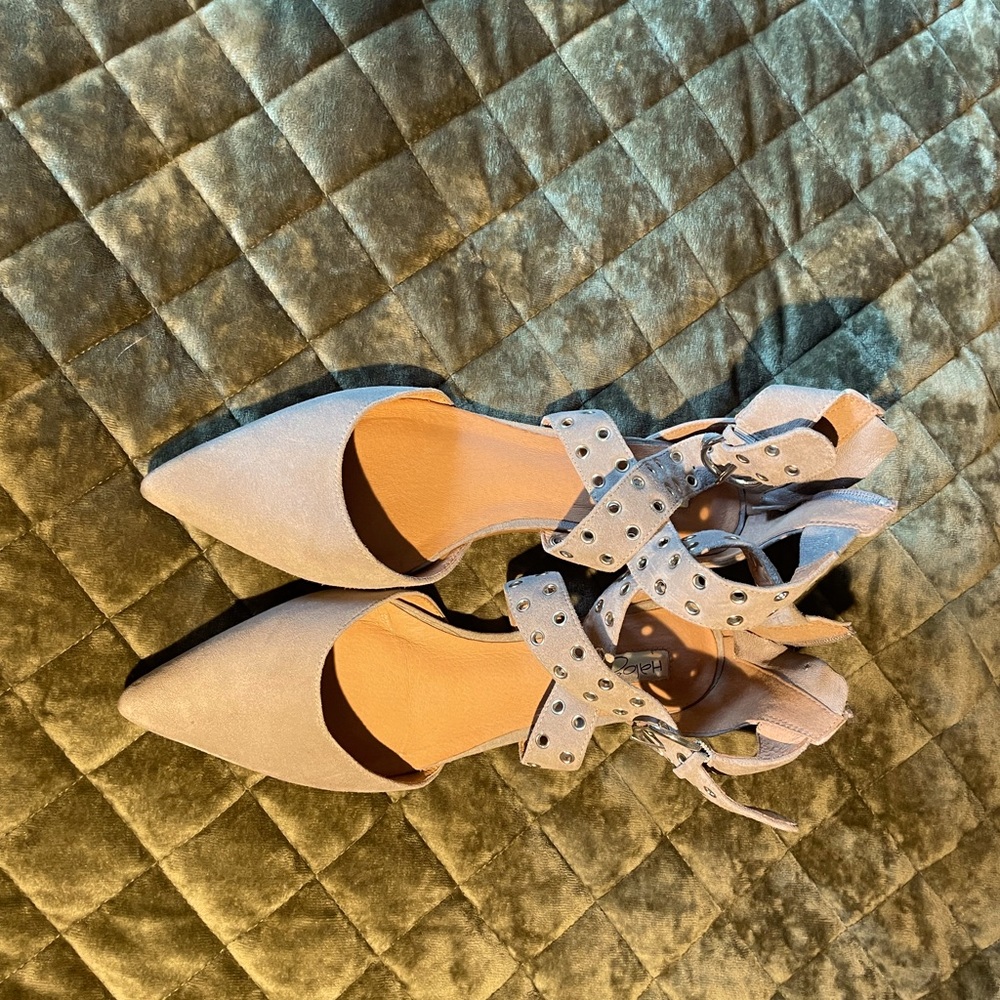 Zippered, buckled gray flats. Everyone will stare at your feet shoes.